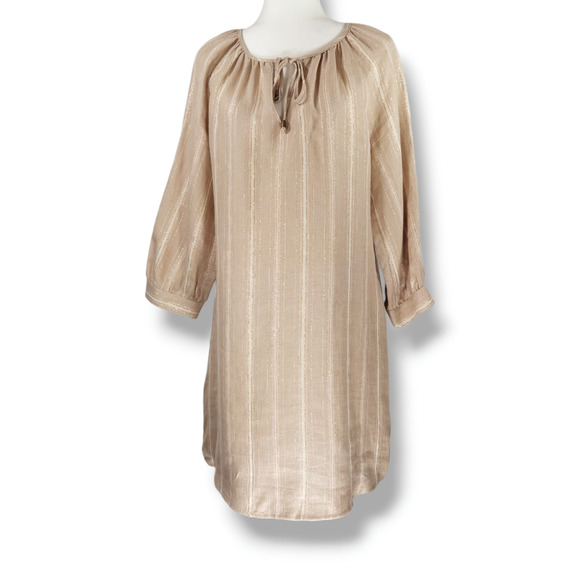 EUC Maven West Made in USA Long Sleeve Linen Stripe Dress Sz. S [2-4] Beige Gold - Picture 2 of 11